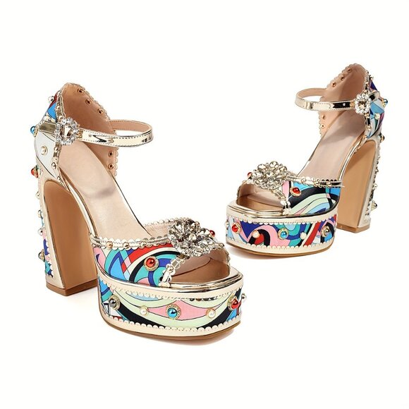 Women's Floral Rhinestone Embellished Block Heel Sandals - Picture 5 of 8